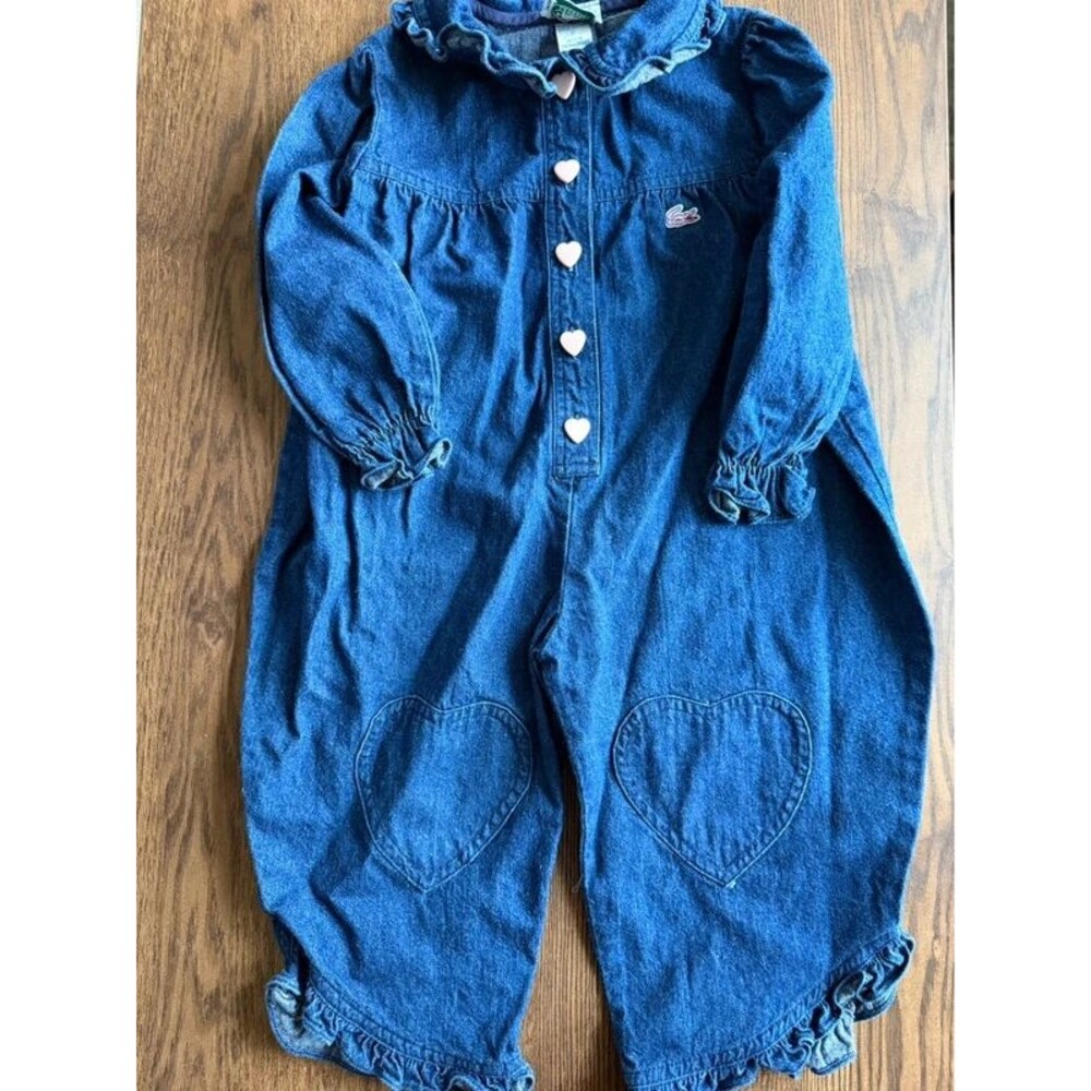 Vintage Chemise Lacoste Denim Heart Jumpsuit 3T Applique Buttons Preppy Frilly